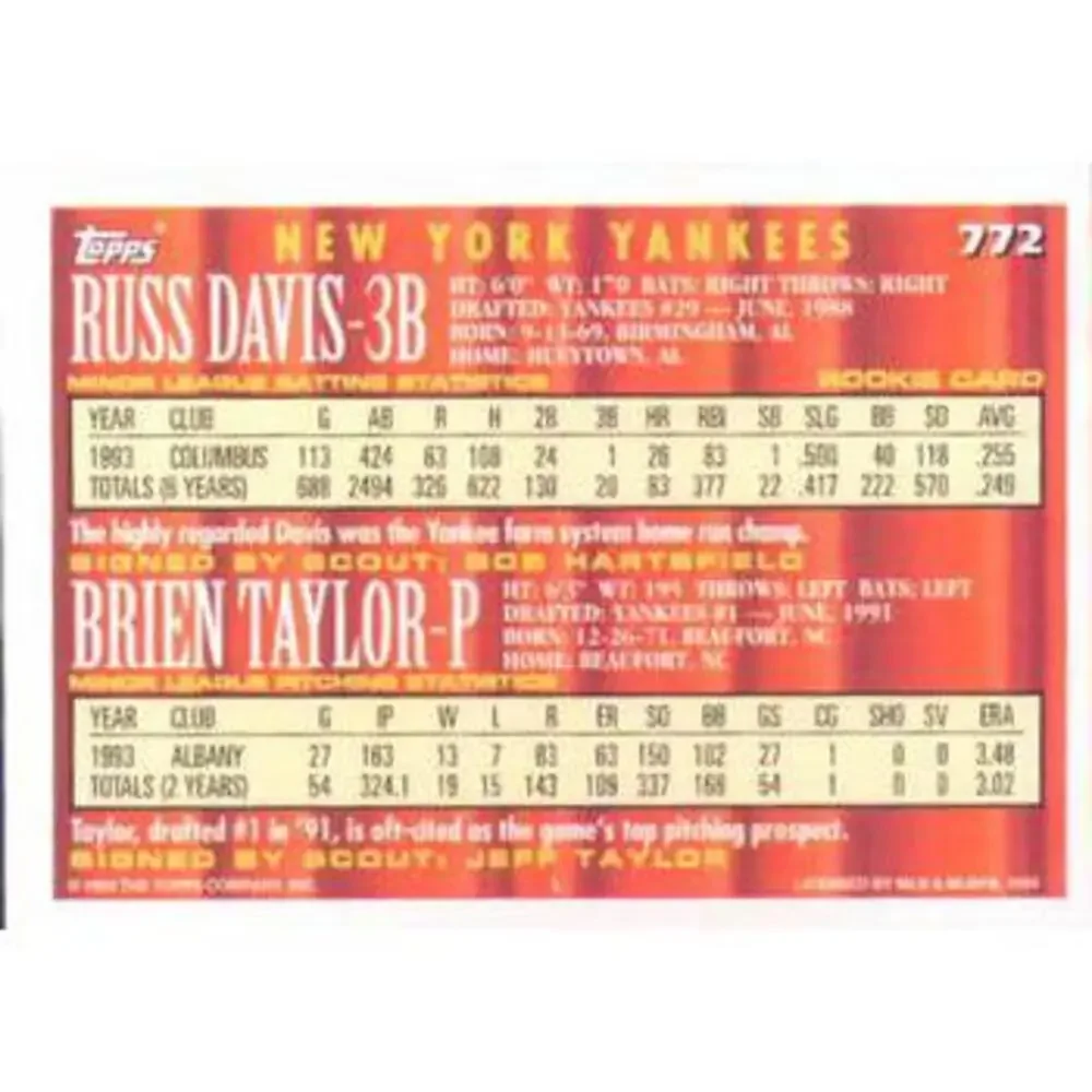 1994 Topps Russ Davis / Brien Taylor CA, RC # 772 New York Yankees